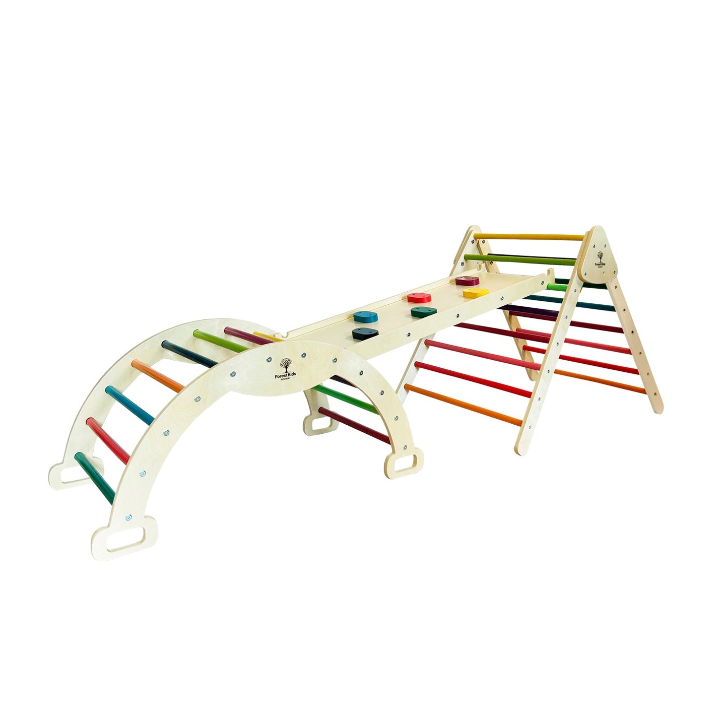 "Colored climbing gym triangle rocking arch and colored rock ladder"