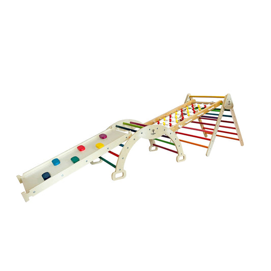 "Climbing gym with triangle rocking arch rope board and  colored rock ladder"