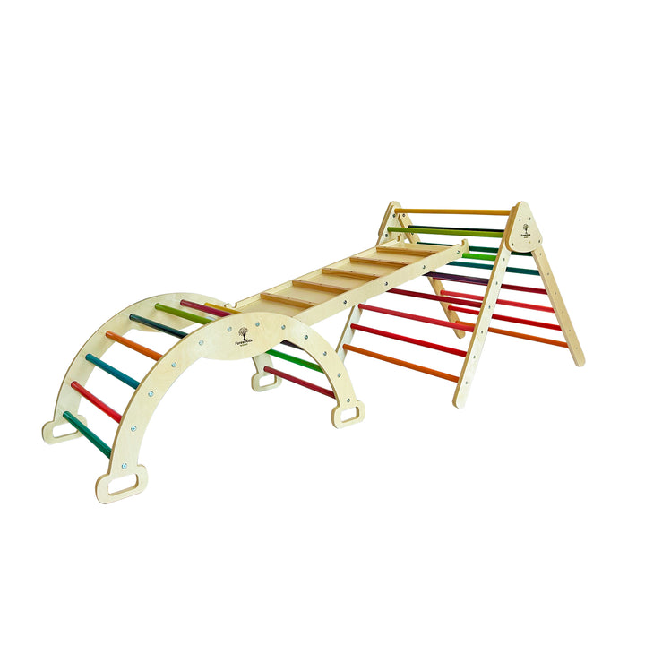 "Colored climbing gym triangle rocking arch and natural ladder"