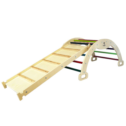 4 i 1 tremontert Montessori-klatresett: ODIN Colorful Rocker / Arch + OLAV stigerampe / Slade