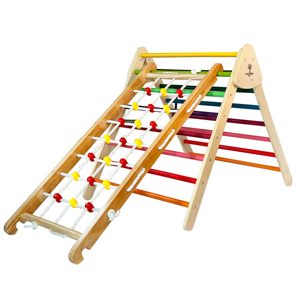 2 in 1 Wooden Montessori Climbing Playsets: Colorful TOR + ERIK Climbing Rope Ramp