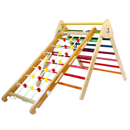 3 in 1 Wooden Montessori Climbing Set: TOR Colourful Triangle + ERIK Sensory and Climbing Rope Ramp