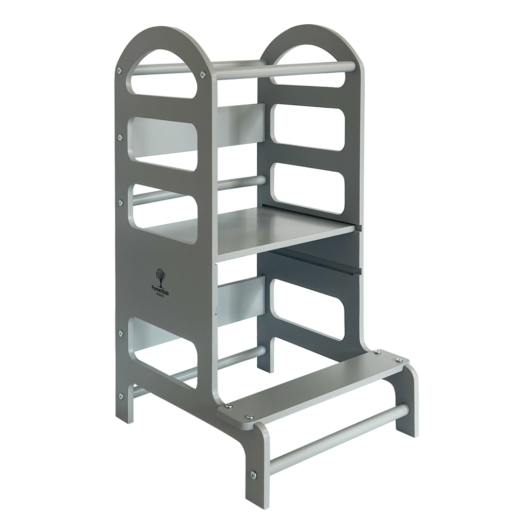 "Grey colored Kitchen tower with adjustable heights for kids"