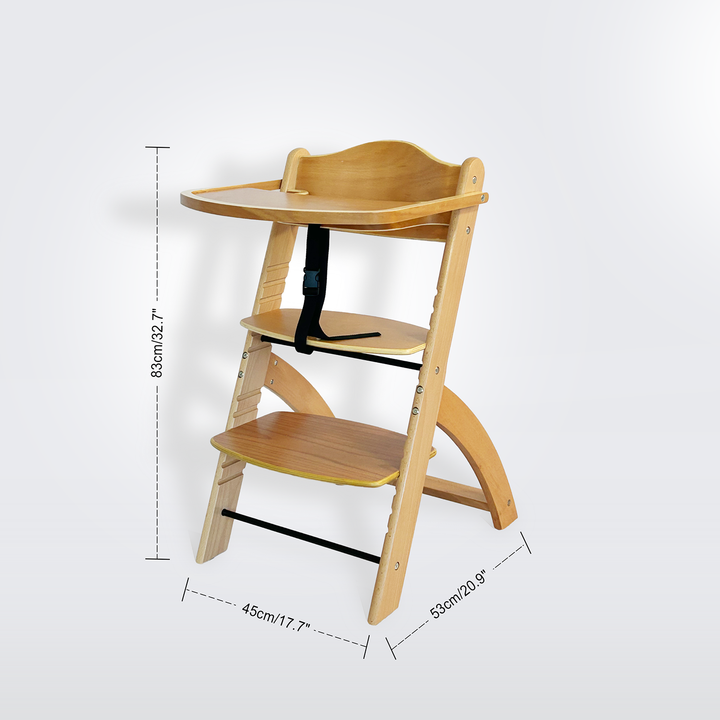 "Embla Wooden high chair for babies photo with mesurements"