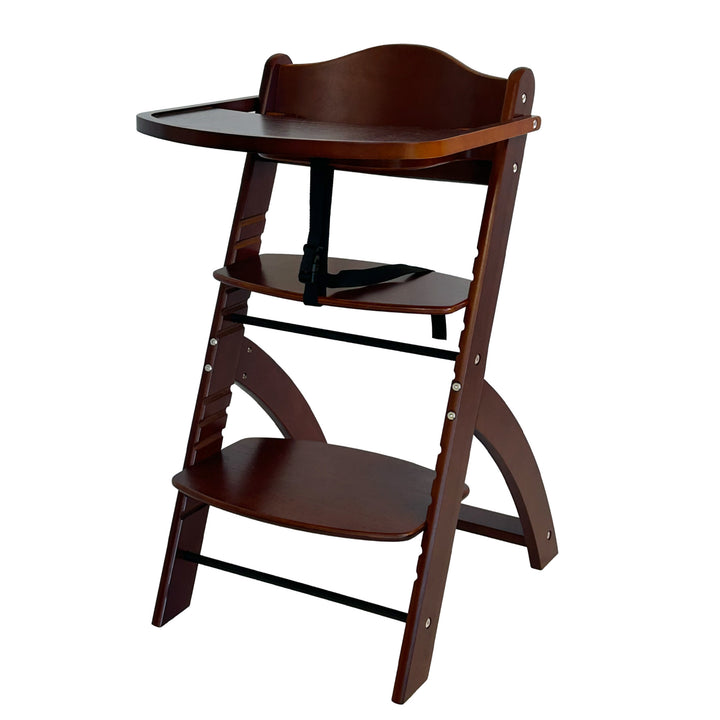 "High chair with adjustable seat and feeding tray brown color""
