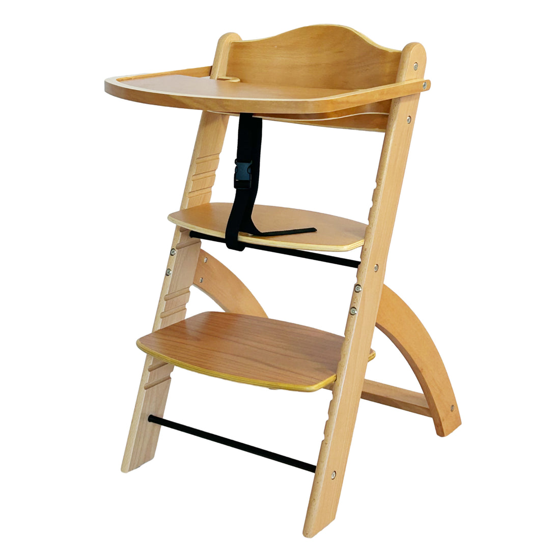 "High chair with adjustable seat and feeding tray natural wood"