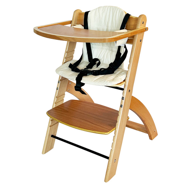 Barn- och småbarnsstol i trä med justerbar höjd och en hopfällbar bricka