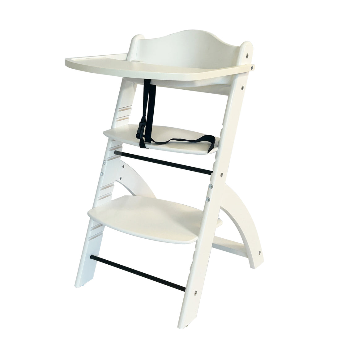 "High chair with adjustable seat and feeding tray white color""