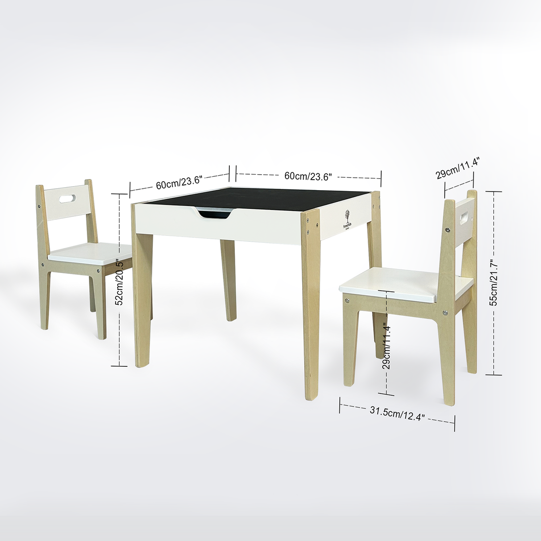 "FRODE Activity Storage Table with two chairs photo with mesurements"
