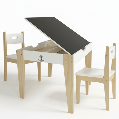 Barnemøbelsett: to stoler og et praktisk bord med oppbevaring og to bordflater – en hvit flate til vanlig bruk og en tavleflate til å tegne på.