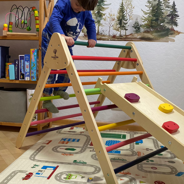 2 in 1 Wooden Montessori Climbing Playsets: Colorful TOR + LIV Colorful Rock Ramp / Slide