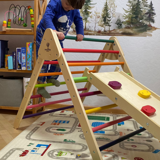 3 in 1 Wooden Montessori Climbing Playset: Colorful TOR + LIV Colorful Rock Ramp / Slide