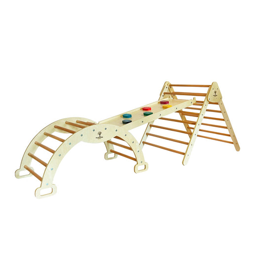 "Natural climbing gym with triangle rocking arch and colored rock ladder"