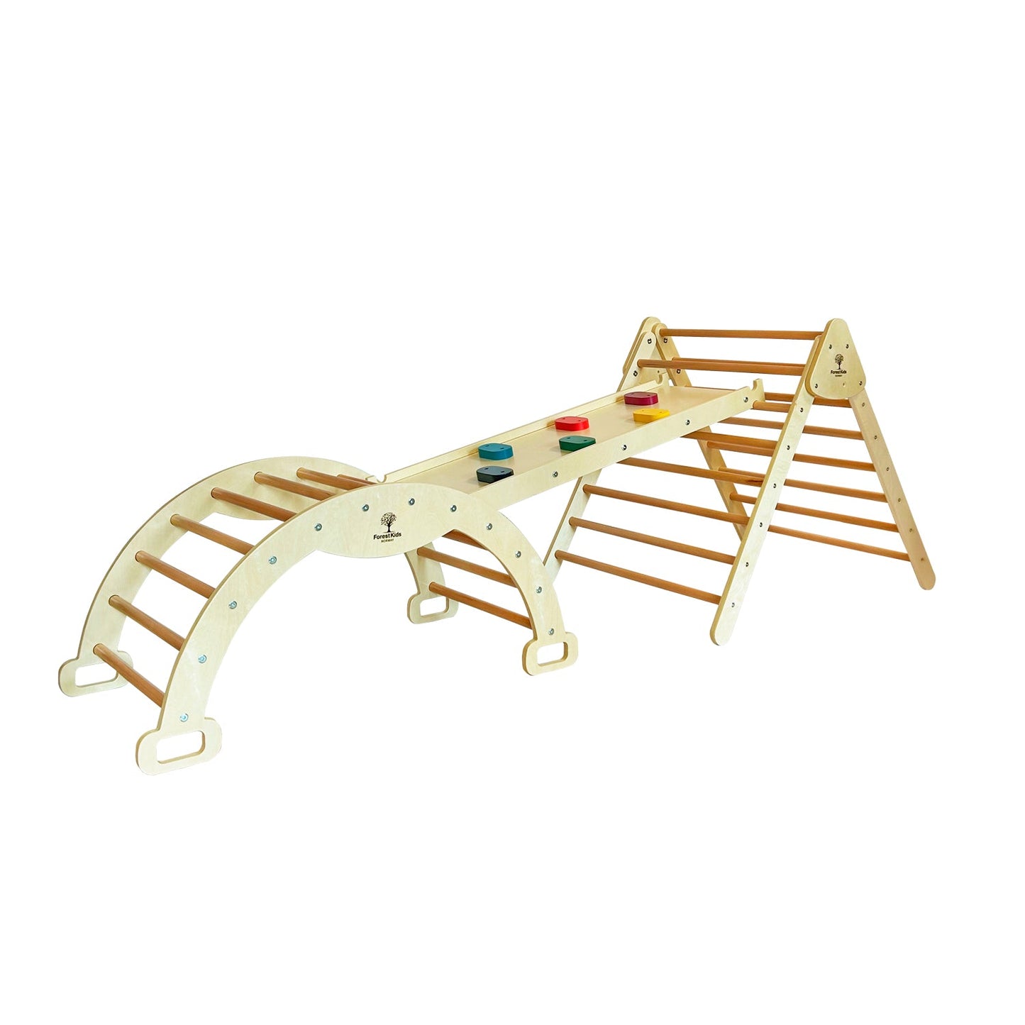 "Natural climbing gym with triangle rocking arch and colored rock ladder"