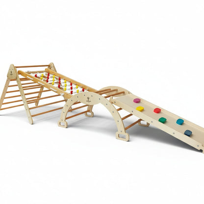 "Natural Climbing gym with triangle climbing arch rope board and colored rock ladder"