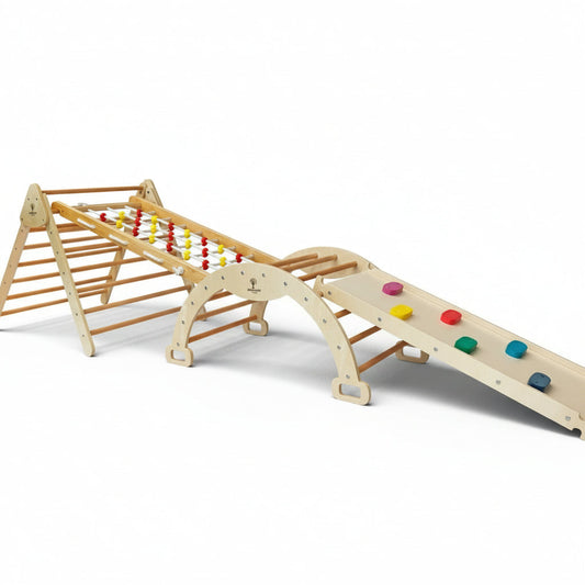 "Natural Climbing gym with triangle climbing arch rope board and colored rock ladder"