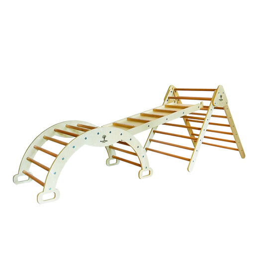 4 in 1 Wooden Montessori Climbing Set: TOR Natural Triangle + ODIN Natural Arch / Rocker + OLAV Ladder / Slide