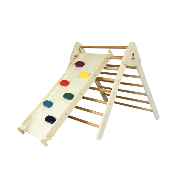 2 in 1 Wooden Montessori Climbing Playsets: Natural TOR + LIV Colorful Rock Ramp / Slide