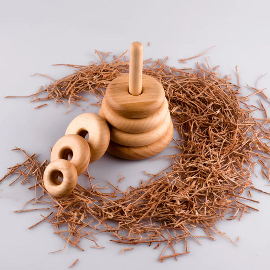 Eco-friendly wooden Montessori stacking rings for toddlers in minimalist Scandinavian design.