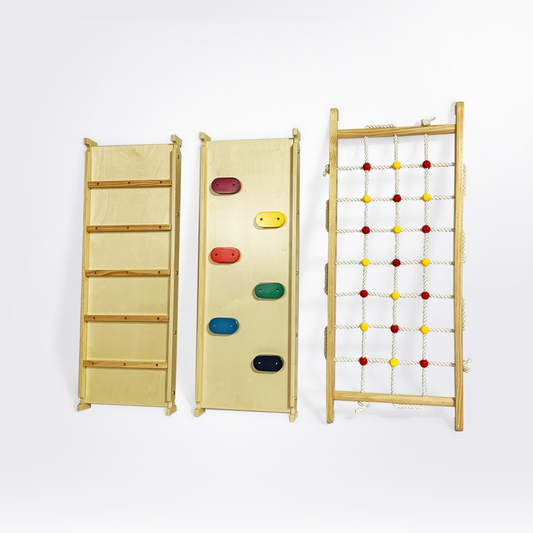 A wooden climbing ramps with multicolored dowels for hand-eye coordination and balance activities.