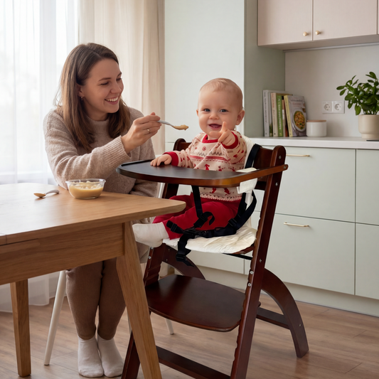 EMBLA Premium Wooden Adjustable High Chair with Tray and Safety Harness