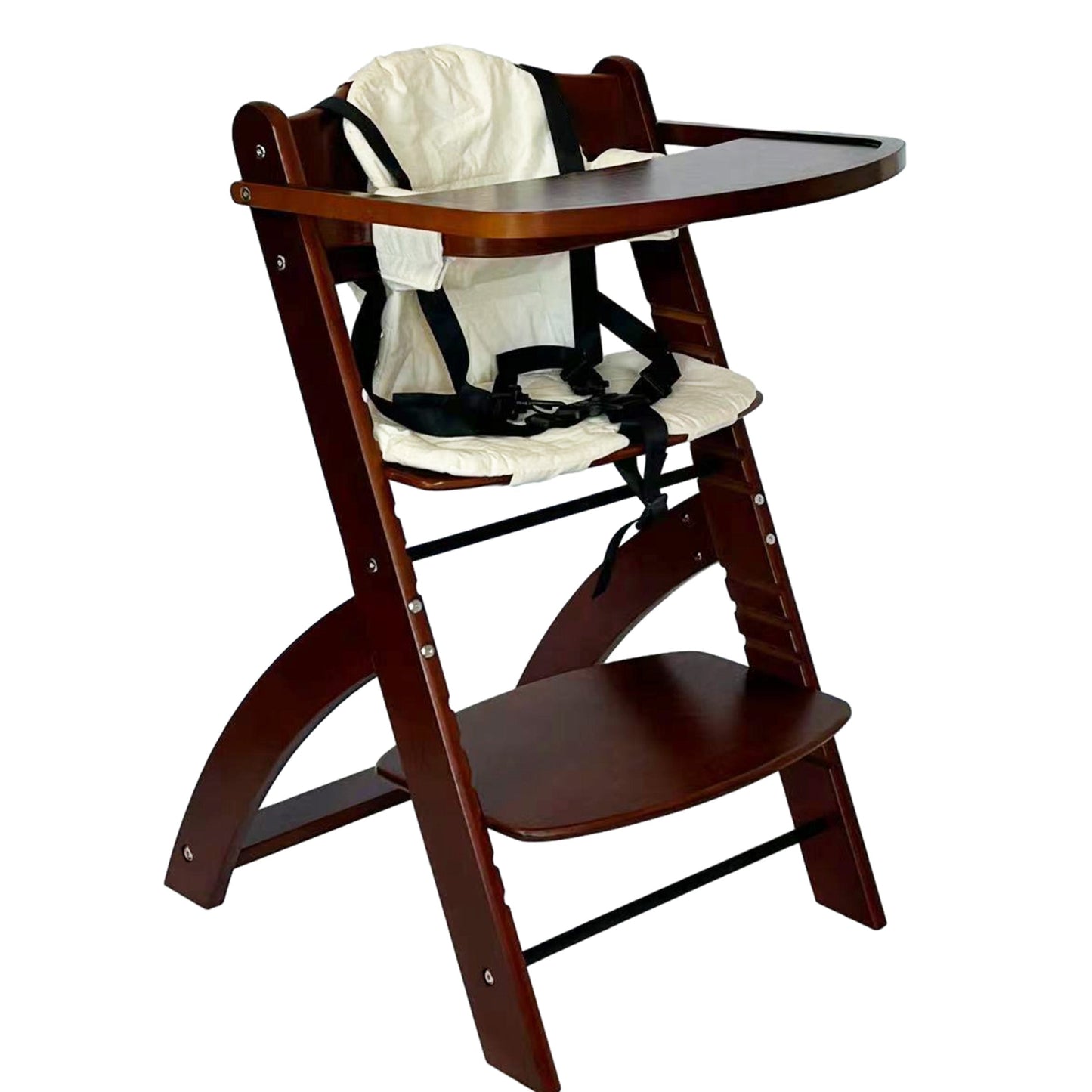 EMBLA justerbar barnestol i tre, hvit pute, sikkerhetssele og avtagbart brett, vist sammenfelt med fotbrettet ute. EMBLA er en norskprodusert premium barnestol for barn, designet for trygge måltider, fri bevegelse og naturlig utvikling.