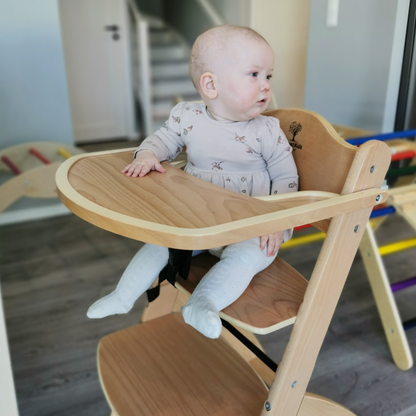 EMBLA Premium Wooden Adjustable High Chair with Tray, Cushion and Safety Harness